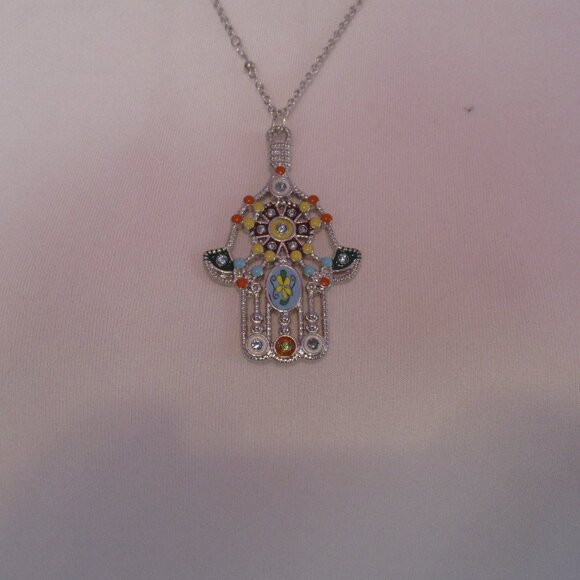 Hamsa Pendant Necklace Colorful and Napier Choker Silver Tone Metal - Picture 3 of 11